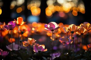 ai genererad drömmande bokeh bakgrund med defocused blomning vild för en romantisk sommar affär foto