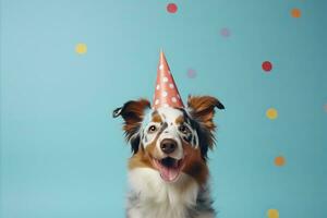 ai genererad Lycklig söt hund bär fest hatt fira på födelsedag fest med konfetti på pastell bakgrund foto