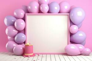 ai genererad födelsedag ram med Färg ballonger med gnistrar, tom ram dekoration med ballong , ai genererad foto
