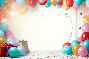 ai genererad födelsedag ram med Färg ballonger med gnistrar, tom ram dekoration med ballong , ai genererad foto