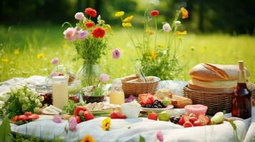 ai genererad utomhus- äng picknick mat foto