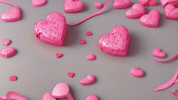 ai genererad valentines dag firande, rosa gåva låda med guld band och hjärta romantisk baner kärlek begrepp på rosa bakgrund 3d tolkning. 3d framställa illustration. platt lägga, topp se foto