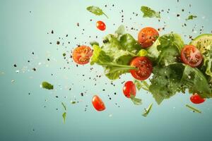 ai genererad sallad med tomater flyga på grön bakgrund. grön sallad med flytande grönsaker. foto