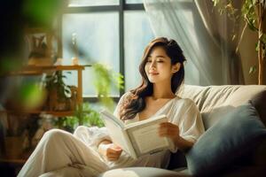 ai genererad Foto Lycklig skön ung asiatisk kvinna avkopplande på soffa läsning bok i levande room.ai genererad
