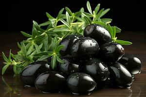 ai genererad färsk svart oliver frukt med löv på trä- tabell foto