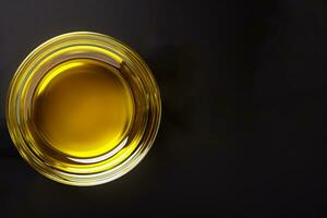 ai genererad friska oliv olja i glas med tom Plats på mörk bakgrund foto