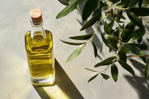 ai genererad friska oliv olja i flaska med löv foto