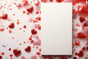 ai genererad tömma vit papper med röd rosa hjärta dekoration foto