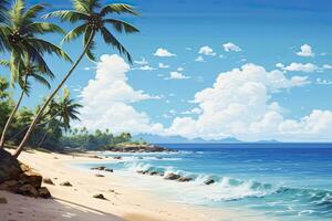 ai genererad tropisk strand med handflatan träd och blå himmel med vit moln, ai genererad foto
