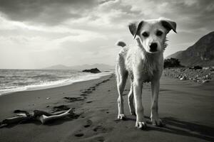 ai genererad hund på de strand på solnedgång. svart och vit Foto med kopia Plats, hund på de strand, ai genererad