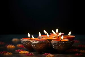 ai genererad Lycklig diwali - lera diya lampor belyst under dipavali firande, diwali festival av lampor bakgrund, ai genererad foto