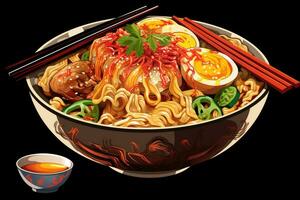 ai genererad illustration av japansk nudel Ramen med ägg och grönsaker, utsökt skål av Ramen spaghetti, ai genererad foto