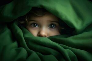 ai genererad liten flicka dölja under en grön filt. närbild porträtt, söt liten bebis flicka dölja under en grön filt i säng, ai genererad foto