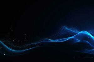 ai genererad abstrakt blå Vinka med lysande partiklar på mörk bakgrund. vektor illustration, mörk blå och lysande partikel abstrakt bakgrund, ai genererad foto