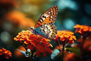 ai genererad fjäril på orange blomma i de trädgård med natur bakgrund, ai genererad foto