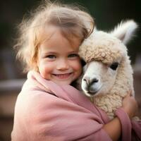 ai genererad en strålande litet barn vaggar en fluffig och belåten bebis alpacka, foto