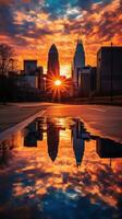 ai genererad en hisnande Foto av en stad horisont på solnedgång, med värma vår färger målning de himmel