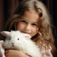 ai genererad en ung flicka försiktigt vaggar en fluffig vit kanin, både med fredlig uttryck på deras ansikten. foto