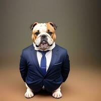 ai genererad affärsman med ett engelsk bulldogg hund huvud i en kostym. isolerat bakgrund. antropomorf djur. foto