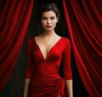 ai genererad skön kvinna stående i en röd klänning, foto
