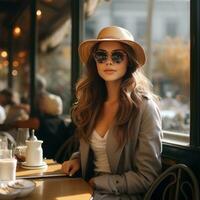 ai genererad kaffe flicka bär solglasögon och hatt Sammanträde på ett utanför Kafé foto