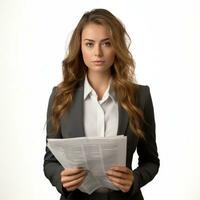ai genererad företag kvinna i jacka med dokument i händer isolerat. foto