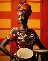 ai genererad ett afrikansk dansare med en trumma i främre av en vägg foto