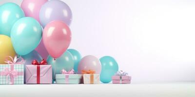 ai genererad färgrik ballonger och födelsedag gåva på en vit tabell, foto