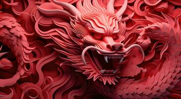 ai genererad kinesisk drake med virvlar på röd bakgrund foto