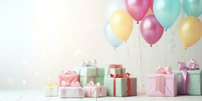 ai genererad färgrik ballonger och födelsedag gåva på en vit tabell, foto