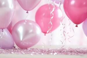 ai genererad många hjärta hjärta folie ballonger omgivande rosa konfetti foto