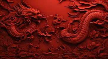 ai genererad röd vägg papper med kinesisk stil röd drake tapet foto