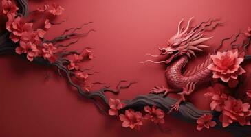 ai genererad röd drake med grenar på röd bakgrund med abstrakt bakgrund foto