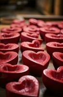 ai genererad hjärta formad skålar av röd glasyr foto