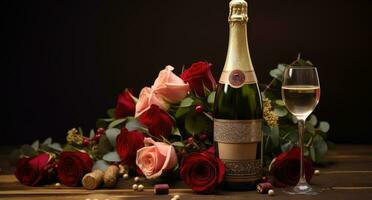 ai genererad hjärtans dag blommor ro och champagne foto