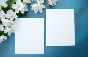 ai genererad två tom vit bröllop inviterar med vit blommor på en blå bakgrund foto