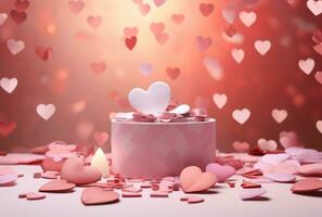 ai genererad valentines dag på rosa bakgrund med godis hjärtan foto