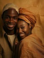 ai genererad ung afrikansk par på brun papper, leende och ärm i ärm foto
