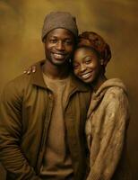 ai genererad ung afrikansk par på brun papper, leende och ärm i ärm foto