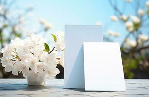 ai genererad vit kort Sammanträde på en tabell Nästa till vit blommor foto