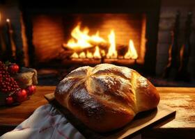 ai genererad en jul formad bröd på en styrelse i främre av en öppen spis foto