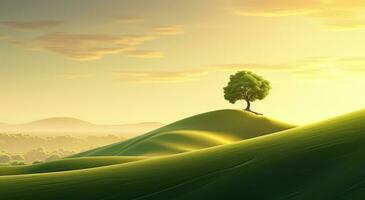 ai genererad en grön kulle med kullar och en träd foto
