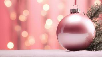 ai genererad en rosa jul boll hänger från en tall träd gren med en jul ljus bakgrund foto