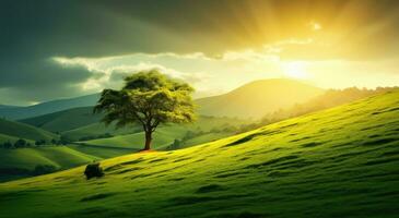 ai genererad en grön kulle med kullar och en träd foto
