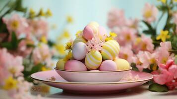 ai genererad ett bild visar färgad påsk ägg och en rosa tallrik foto