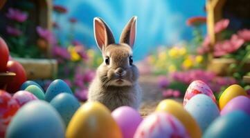 ai genererad påsk kanin i främre av färgrik ägg foto