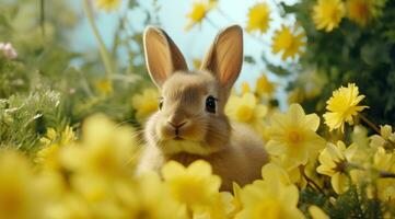 ai genererad kanin ser direkt på de kamera, gul blommor i de bakgrund foto