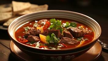ai genererad nötkött biff soppa hemlagad, smälter mexikansk och amerikan kulturer foto