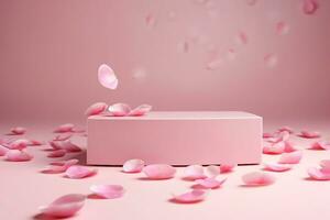 ai genererad rosa produkt podium placering på fast bakgrund med reste sig kronblad faller. lyx premie skönhet, mode, kosmetisk och spa gåva stå presentation. valentine dag närvarande monter. foto