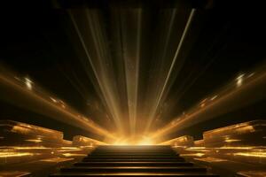 ai genererad abstrakt gyllene ljus strålar scen med trappa. generativ ai. foto